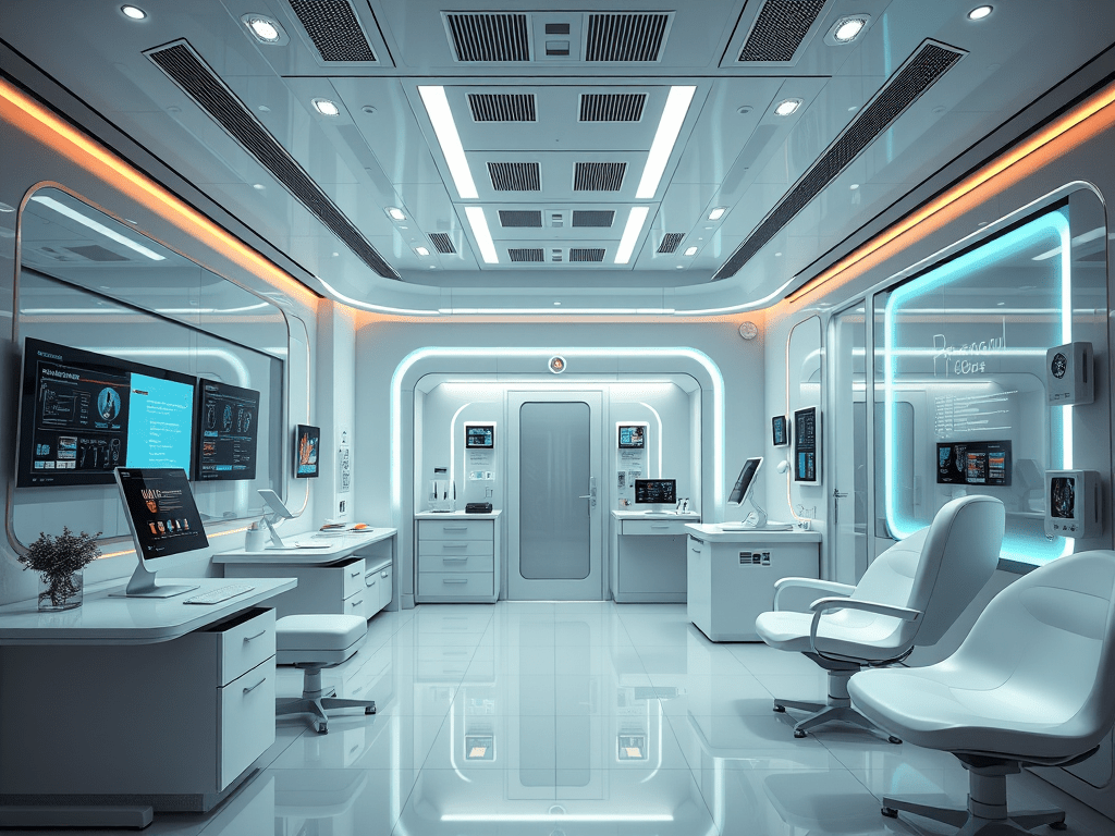 Can AI Replace Doctors? picture showing the future of the doctors office and hospital. An AI driven healthcare system can bring improvements to patients around the world.